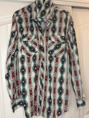 Men's Aztec-Pattern Long-Sleeve Button-Down Shirt - Cream, Teal & Red